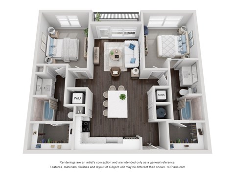 Floor plan for 2 beds, 2 baths, 1086 sqft